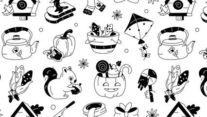 Seamless doodle pattern showcasing various elements of halloween celebration and harvest season  