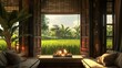 A comfy room with sofa, a window view of country, quiet rice field coconut tree , candle on the window
