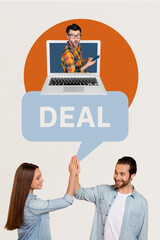 Sticker - Composite collage of man woman give high five success converstion mind cloud surprised geek hold phone in hand come out of laptop screen