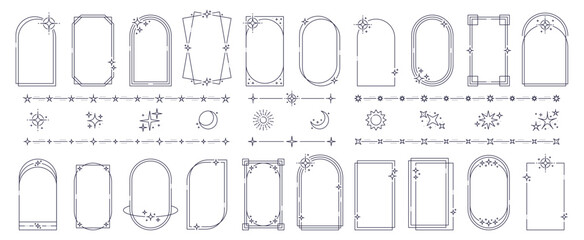 Poster - Minimal line frames and borders with star twinkles and sparkles, vector geometric shapes. Simple minimal outline frames and line art borders or arches and circles with moon, sun and star sparkles