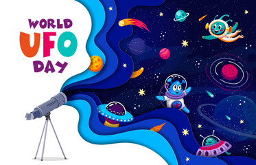 Poster - World ufo day, paper cut galaxy space with aliens and ufo. Vector 3d banner offering to unveil the extraterrestrial mystery. Join the global celebration, spark curiosity, explore the unknown wonders