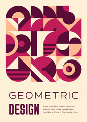 Poster - Beige, maroon, purple and pink modern abstract geometric poster of bauhaus pattern. Vector vibrant vertical background or cover design features bold shapes, clean lines, and a harmonious color palette