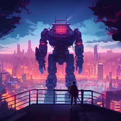 Poster - Gigantic robot overlooking a neon-lit city.