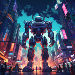 Poster - Gigantic robot overlooking a neon-lit city.