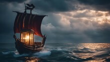 Ship In The Sea _A Magical Boat Sailing On A Stormy Sea, With A Glowing Lantern  