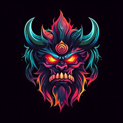 Wall Mural - Colorful Troll Warrior Mascot Isolated on Black Background. Scary Monster Illustration for T-shirt Design