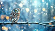 Cute owl sits on a branch against the backdrop of a fabulous winter, snowy forest, Christmas card with copy space