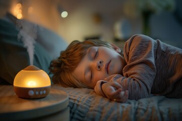 An aromatic oil diffuser stands on the nightstand by the bed, behind a child sleeping in bed, copy space for text. 