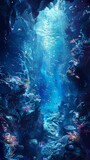 Fototapeta Do akwarium - An underwater scene where the ocean's depths are rendered in deep, impasto textures teeming with abstract fish and coral formations. Vertical oil painting.
