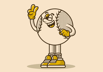 Poster - Character illustration of baseball ball with hands forming a symbol of peace. Vintage colors