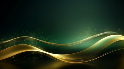 Poster - Horizontal Abstract Luxurious Dark Green background with golden curved smooth wavy lines, Bokeh for the presentation of your Products, Cosmetics Advertising, Layout for Text, Copy space.