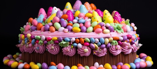 Poster - A photograph of a chocolate cake decorated with pink frosting, purple and magenta sprinkles. A product of delicious food art for any event