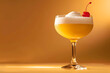 Whiskey Sour with a maraschino cherry, isolated on a warm whiskey background, showcasing classic taste and refinement