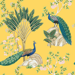 Poster - Vintage botanical garden floral tree, palm tree, peacock, plant, flower seamless pattern yellow background. Exotic chinoiserie wallpaper.