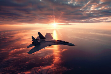 Wall Mural - flying over the ocean at sunset jet fighter su35 with great speed. new technologies of military combat aviation concept