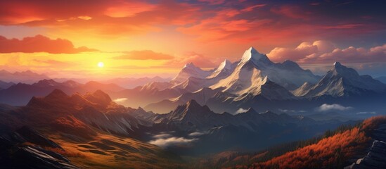 Sticker - A natural landscape painting depicting a mountain range at sunset with the sun shining through the cumulus clouds, creating a mesmerizing afterglow in the dusk sky