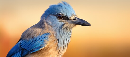 Poster - Closeup of a vibrant electric blue jay perching on a branch, with its beak slightly open and feathers ruffled, gazing directly at the camera. A captivating moment in wildlife photography