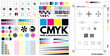 A complete set of print marks and registration marks in CMYK for adding to a project. Vector illustration.