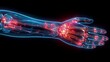 Human hand bones in x-ray view with glowing joints