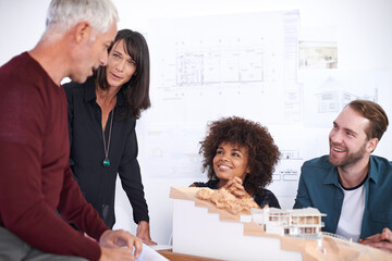 employees, meeting and model for industrial architecture, presentation and project layout for constr