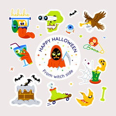 Wall Mural - Flat vector happy halloween with creepy faces and various spooky typographic elements 