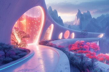Canvas Print - surreal pink and blue mountainous landscape. wallpaper background generative ai