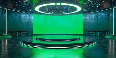 Wall Mural - Modern news set with green screen backdrop for virtual broadcasts rendered in D. Concept Virtual Broadcasts, Green Screen Backdrop, Modern News Set, Digital Rendering