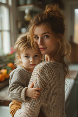 Wall Mural - a woman in her 30s standing in a kitchen, holding a toddler on her hip. Capture the scene from a distance, ensuring the image shows the woman's full height from head to feet.