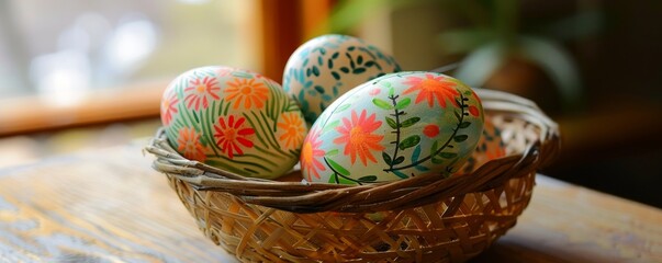 Wall Mural - Festive and Brightly Painted Eggs in a Basket: A Homage to Easter Traditions and Springtime Joy