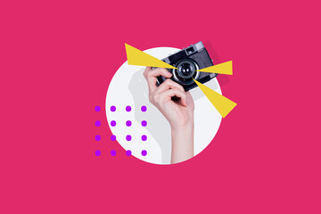Poster - Creative collage human hand holding vintage photocamera objective lens paparazzi flash take picture drawing colored background