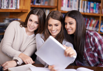 Aufkleber - Women, students or tablet selfie in university library or bonding together for support as friends. Learners, touchscreen or update profile picture on social media or solidarity with care in college