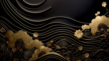 Sticker - Horizontal Luxury Image of Elegant Gold Pattern on Black Background in Japanese Style