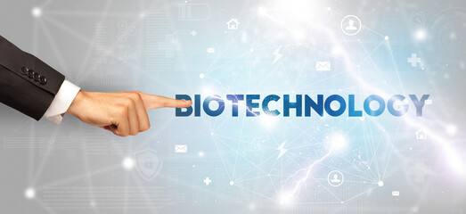 Poster - Hand pointing at inscription concept concept