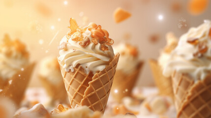 Wall Mural - Brown caramel ice cream with melty ingredients, dessert food background