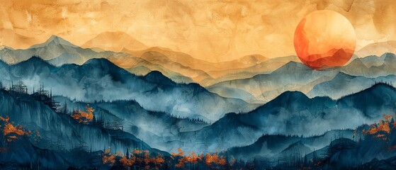 Wall Mural - A beautiful abstract landscape mountain background design with golden gold wave lines and the sun. Use on a cover, banner, decoration, or poster.