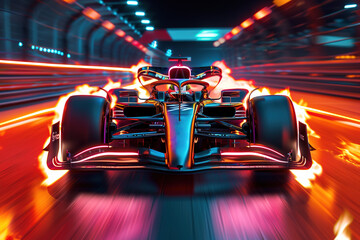 A futuristic F1 car with neon lights, its wheels spitting fire because it's going very fast. Concept: F1 is excitement and speed.