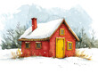 Cute little wooden house in the snow on a white background in style of children illustration. 