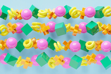 Poster - Geometric composition with different shapes. Dynamic set of realistic tori, rings, tubes. Modern background for product design show in multicolored color. 3d render illustration.