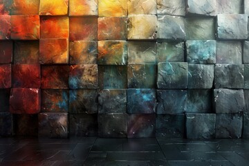 Poster - A dynamic juxtaposition of brightly colored and somber tiles creating a richly contrasting visual texture
