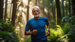 Motivierter Senior genießt das Laufen im lichtdurchfluteten Wald
