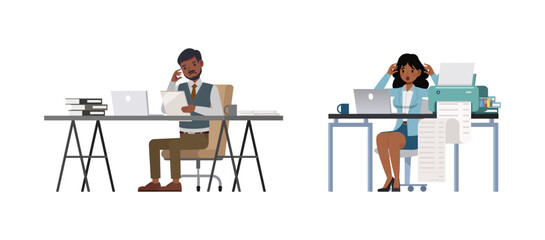 Wall Mural - Set of Businessman and businesswoman character vector design. Indian people thinking and working in office illustration. Presentation in various action.