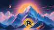 Golden bitcoin on top of the mountain. Cryptocurrency and business concept