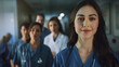 © Delques - Portrait of a young nursing student standing with her team in a hospital