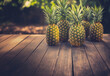 Pineapples, a tropical fruit from the Terrestrial plant family, are displayed on a wooden table. Pineapples are a delicious and nutritious natural food