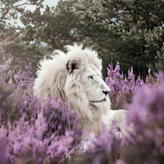 Wall Mural - White lion lies among lavender flowers
