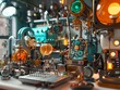 A whimsical depiction of a mad scientists lab with animated gadgets