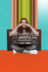 Poster - 3D photo collage composite trend artwork sketch image of young smiled man yoga sit hold vintage boombox huge retro music tape behind