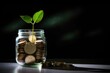 Plants are growing in jars with coins concept to save money. How to save, education, home, loan and investment. Plant Growing In Savings Coins - Investment And Interest Concept