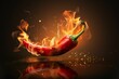 Red chili pepper in a fiery dance and reflection
