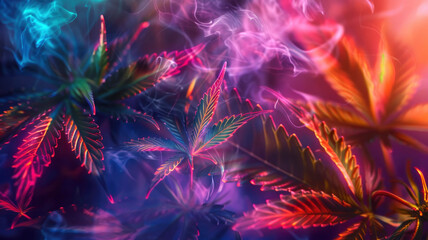 Wall Mural - Colorful cannabis weed leaves on neon glow and smoke background